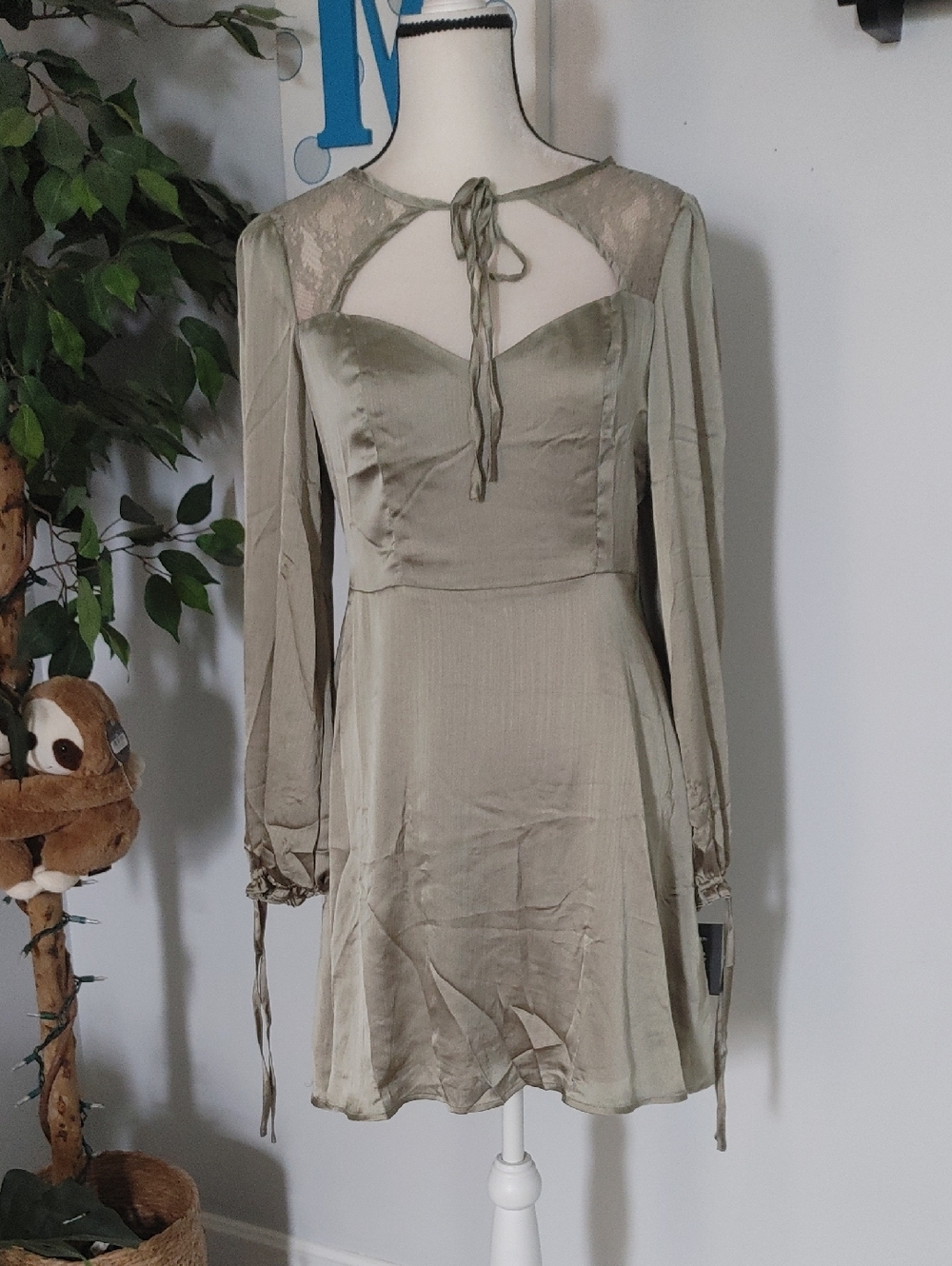 Lulu's Consistent Beauty Sage Green Lace Cutout Mini Dress M